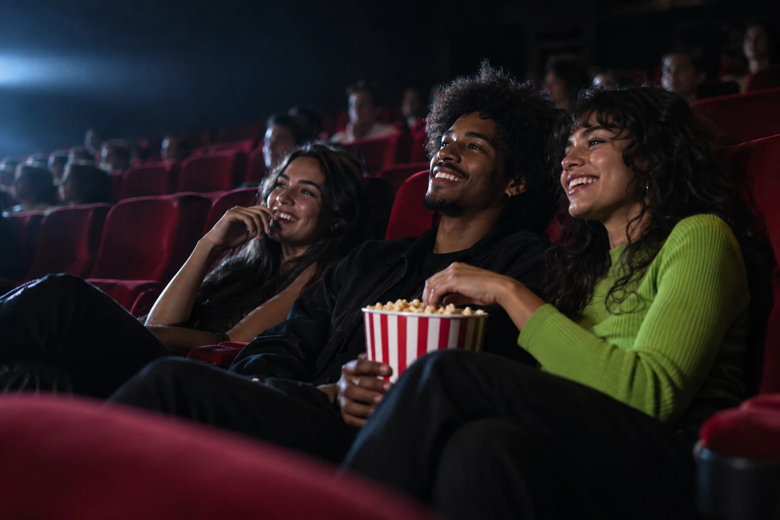 Três amigos se divertindo com pipoca em uma sala de cinema